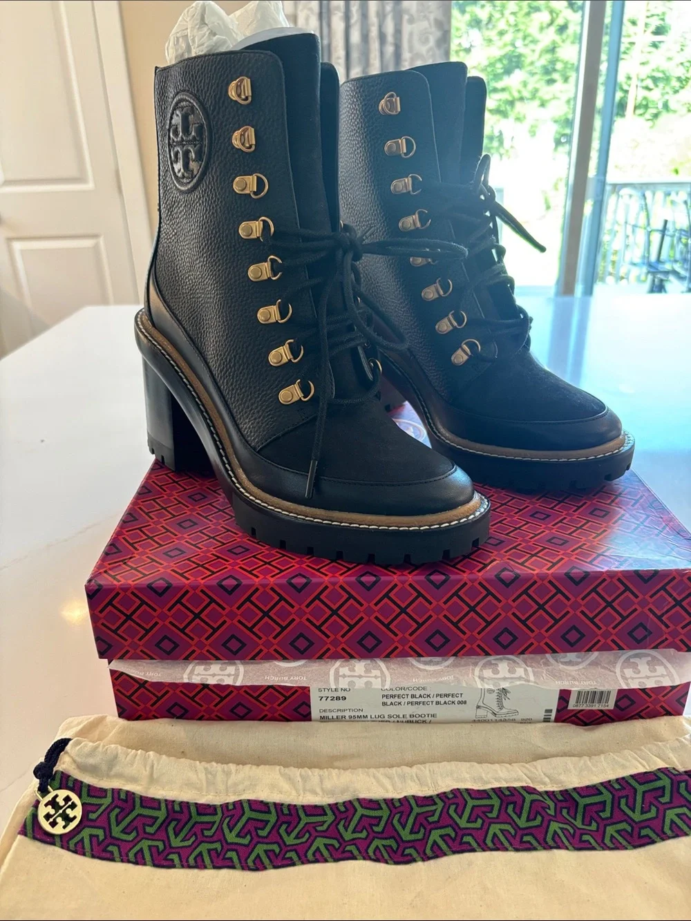 Tory Burch Black Leather Lace-Up Lug Heel Ankle Boots with Gold Hardware